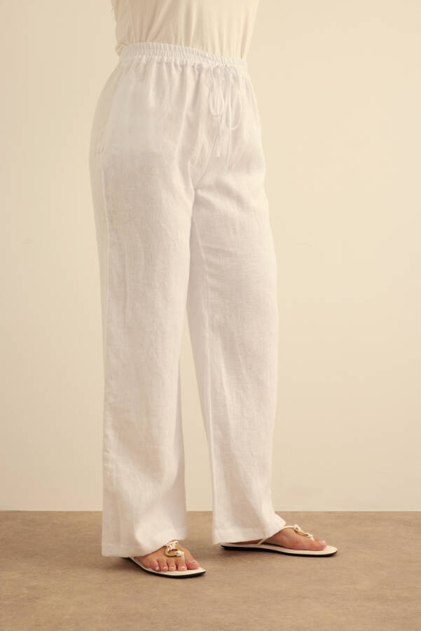 Beyaz Beli Lastikli Keten Pantolon - 3