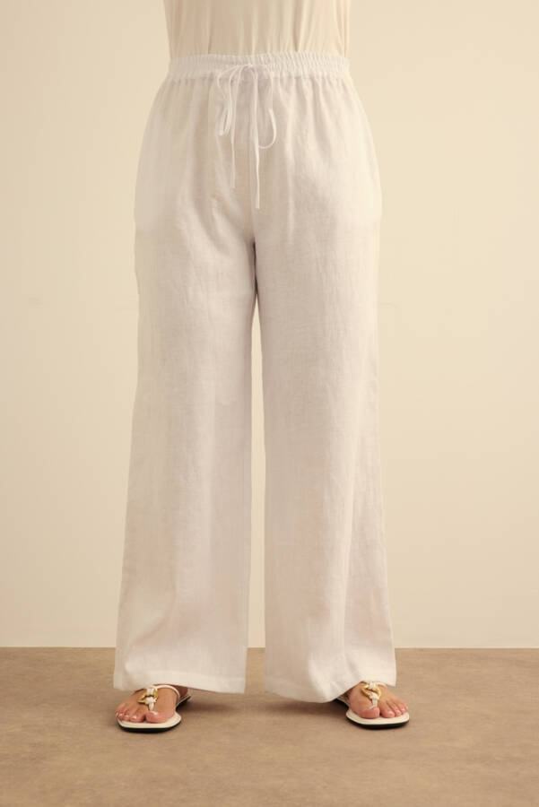 Beyaz Beli Lastikli Keten Pantolon - Aker (1)