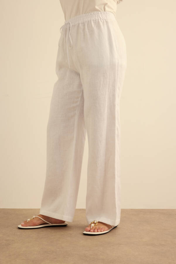 Beyaz Beli Lastikli Keten Pantolon - 4