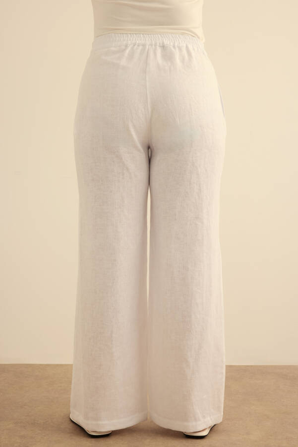 Beyaz Beli Lastikli Keten Pantolon - 6