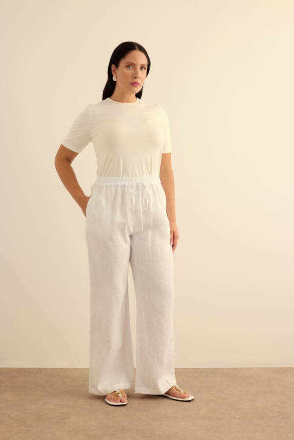 Beyaz Beli Lastikli Keten Pantolon - Aker