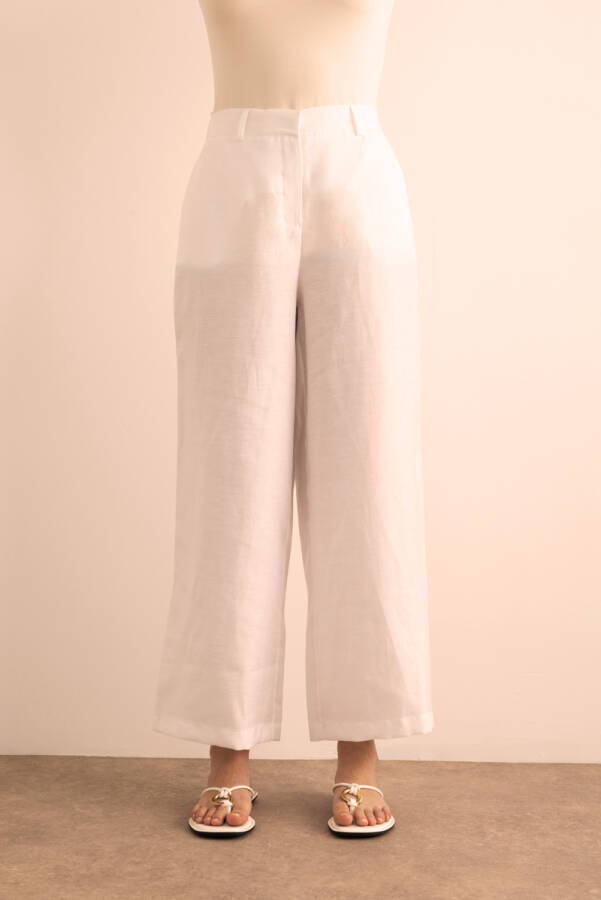 Beyaz Beli Lastikli Keten Pantolon - 3