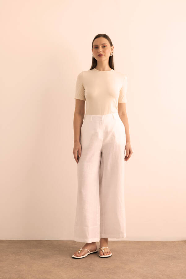 Beyaz Beli Lastikli Keten Pantolon - 2