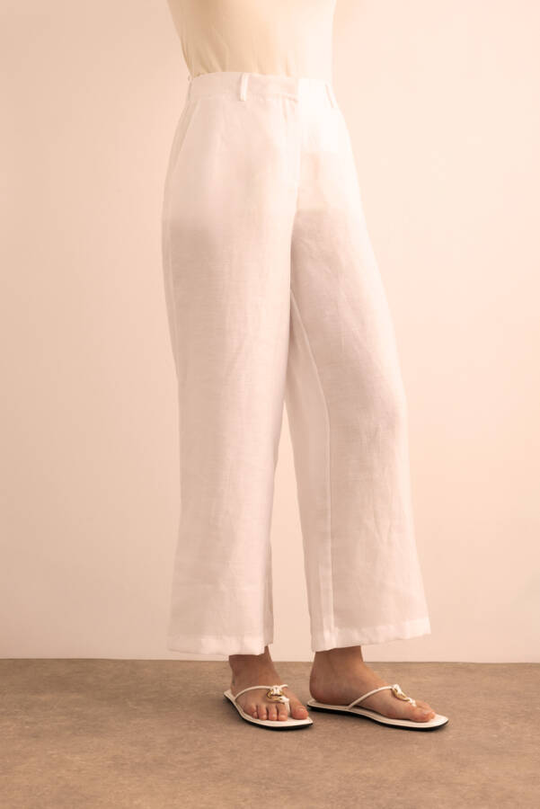Beyaz Beli Lastikli Keten Pantolon - 4