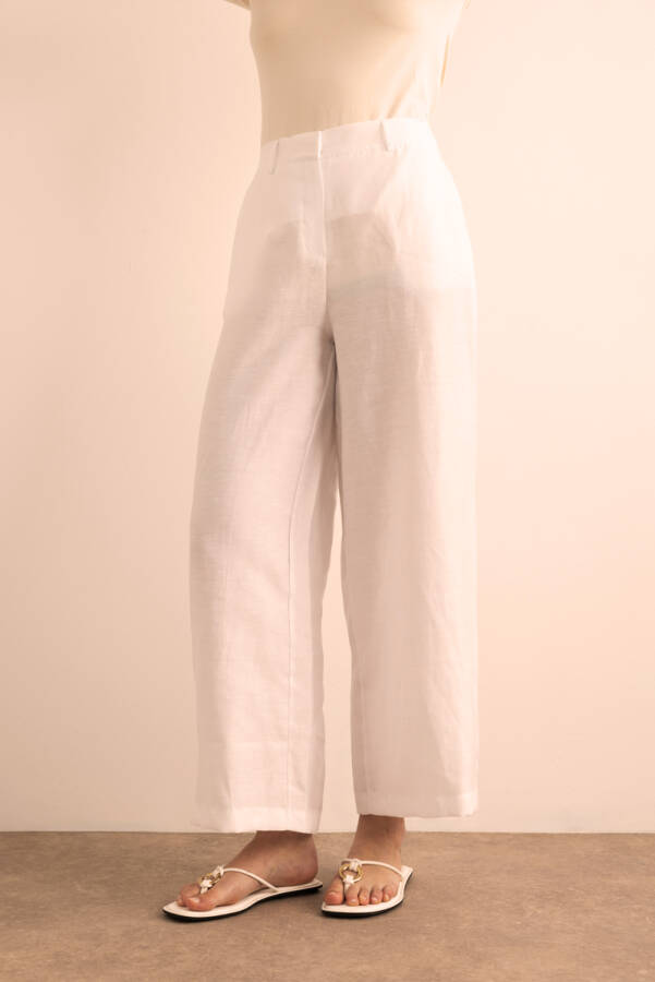 Beyaz Beli Lastikli Keten Pantolon - 5