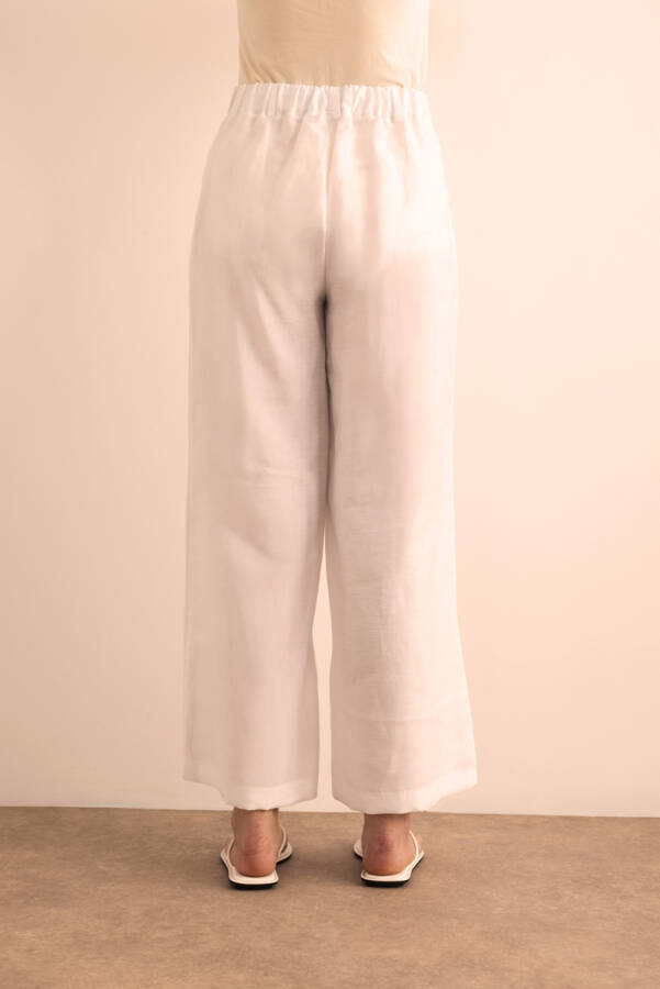 Beyaz Beli Lastikli Keten Pantolon - 6