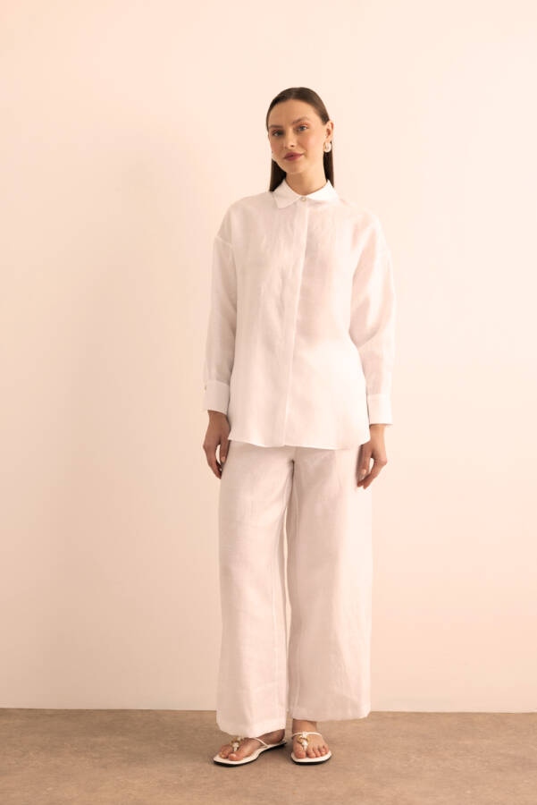 Beyaz Beli Lastikli Keten Pantolon - Aker