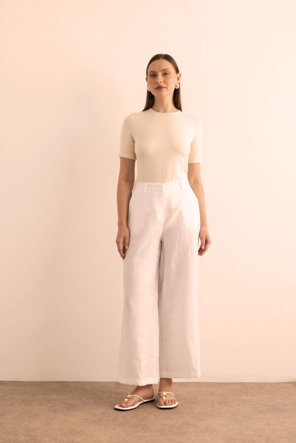 Beyaz Beli Lastikli Keten Pantolon - Aker (1)