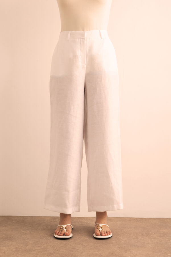 Beyaz Beli Lastikli Keten Pantolon - 3