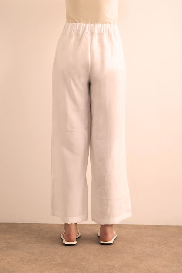 Beyaz Beli Lastikli Keten Pantolon - 6