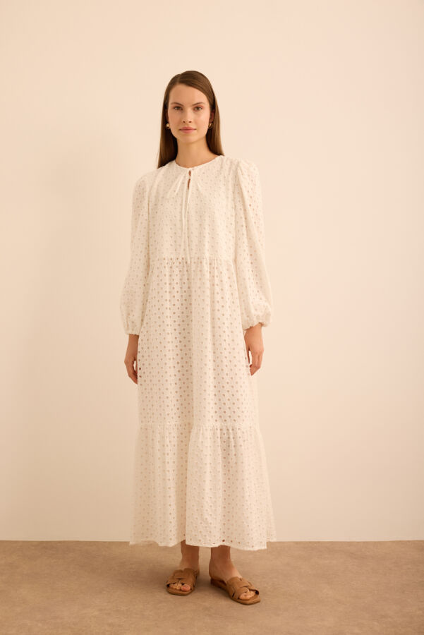 Beyaz Hacimli Cotton Brode Elbise - Aker