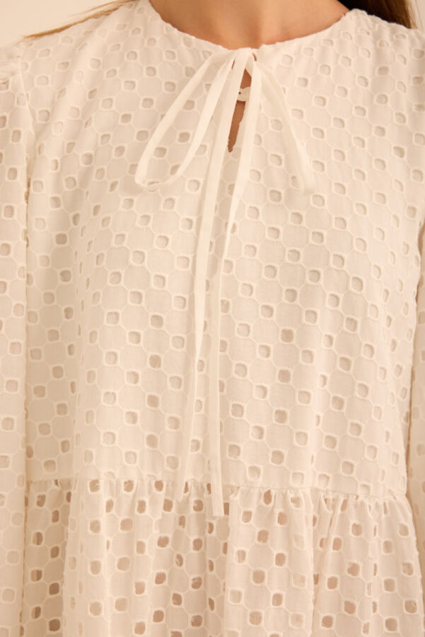 Beyaz Hacimli Cotton Brode Elbise - 6
