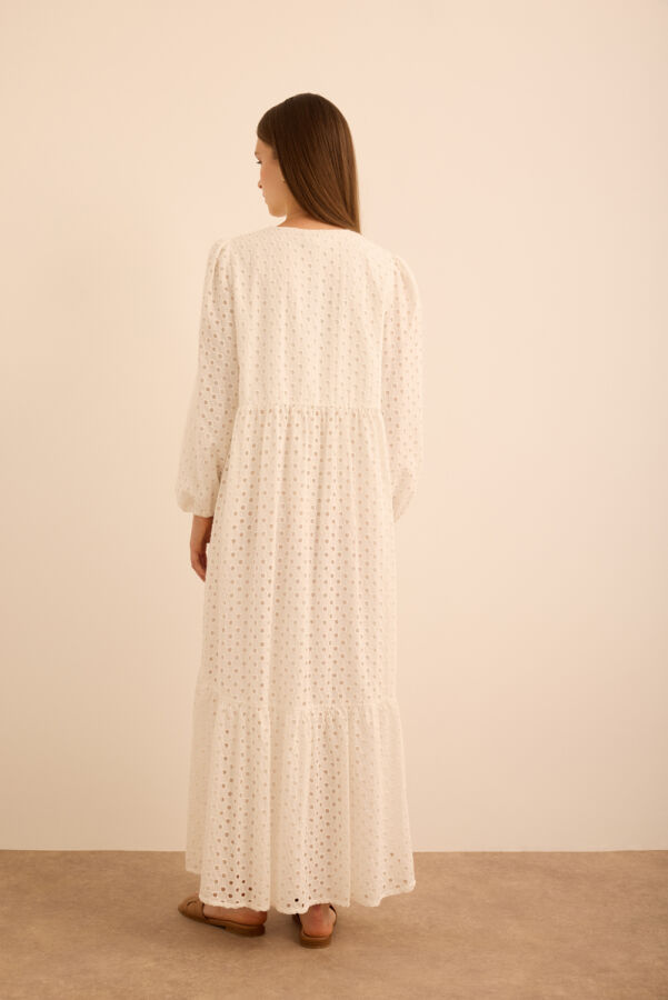 Beyaz Hacimli Cotton Brode Elbise - 7