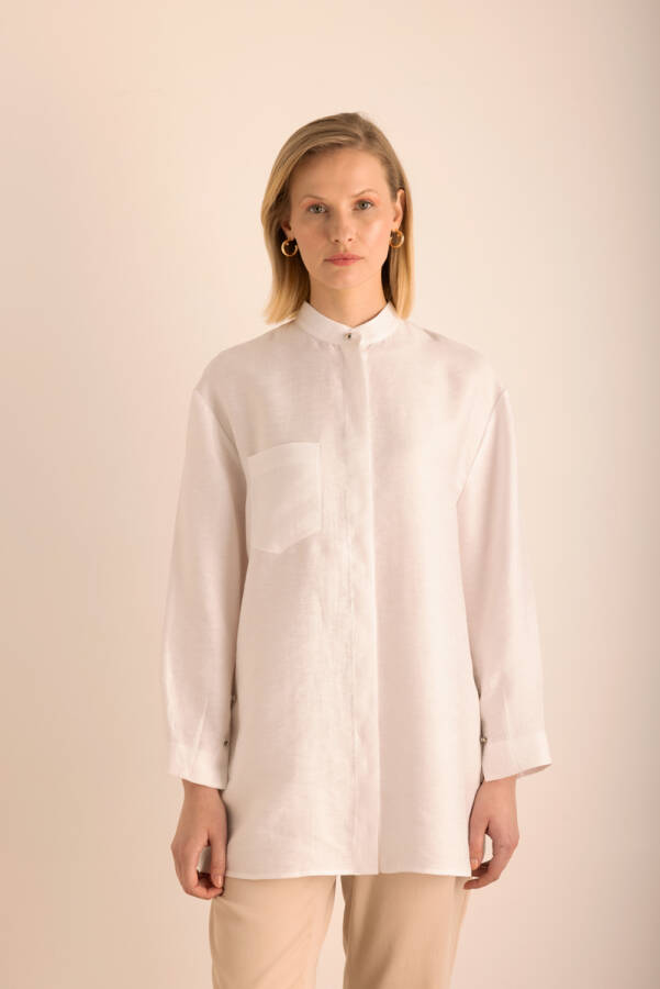 Beyaz Hakim Yaka Keten Bluz - 5