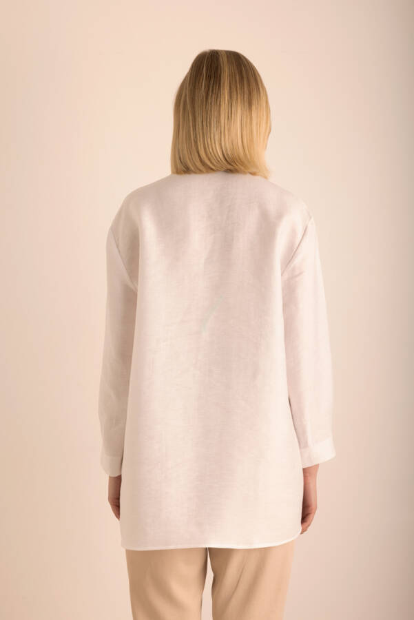 Beyaz Hakim Yaka Keten Bluz - 6