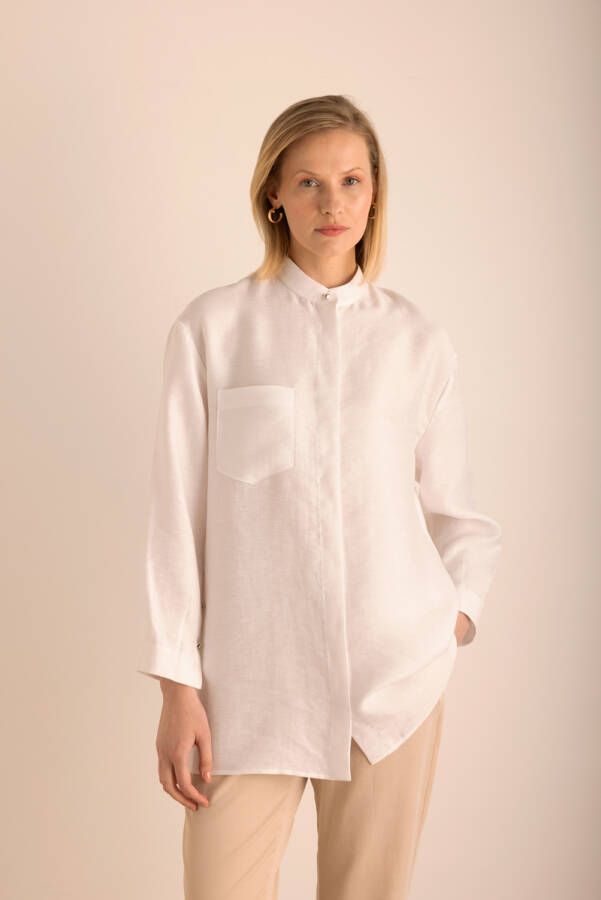Beyaz Hakim Yaka Keten Bluz - Aker