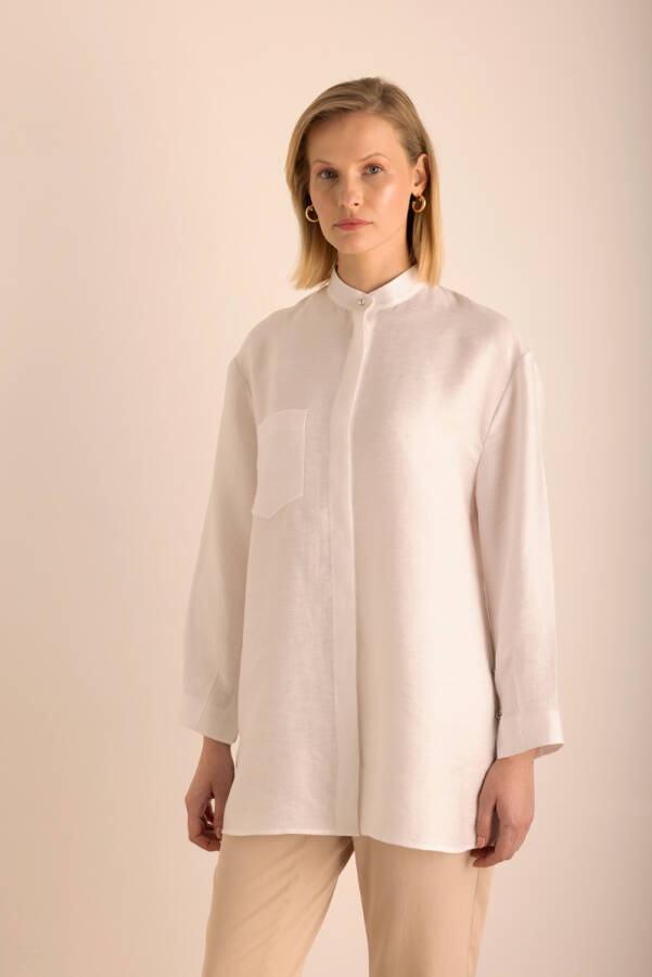 Beyaz Hakim Yaka Keten Bluz - Aker (1)