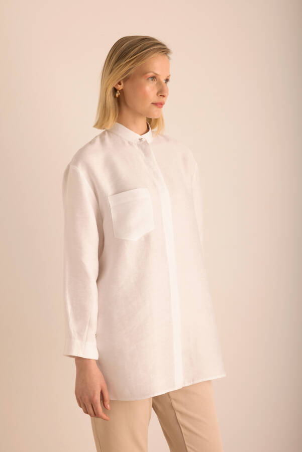 Beyaz Hakim Yaka Keten Bluz - 2