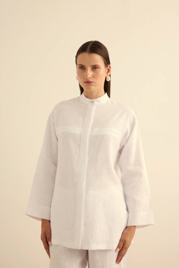 Beyaz Hakim Yaka Keten Gömlek - 3