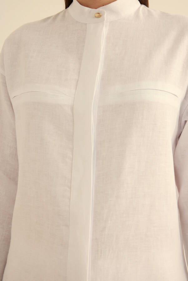 Beyaz Hakim Yaka Keten Gömlek - 6