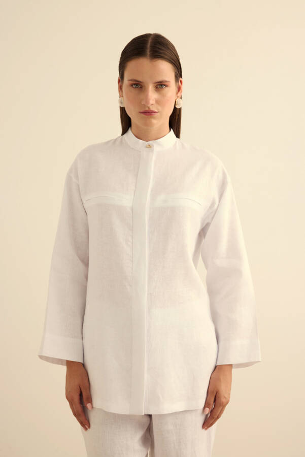 Beyaz Hakim Yaka Keten Gömlek - Aker