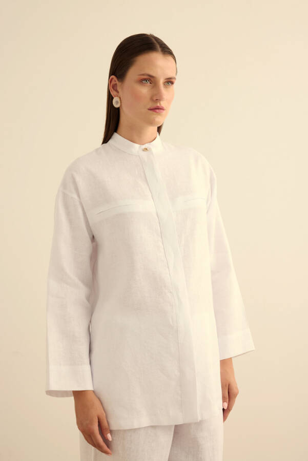 Beyaz Hakim Yaka Keten Gömlek - 5