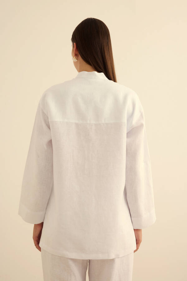 Beyaz Hakim Yaka Keten Gömlek - 7