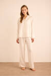 Beyaz İpek Jakar, Önden Düğmeli Pijama Üst - 2