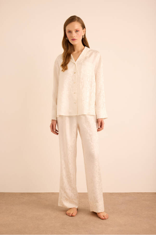 Beyaz İpek Jakar, Önden Düğmeli Pijama Üst - Aker (1)