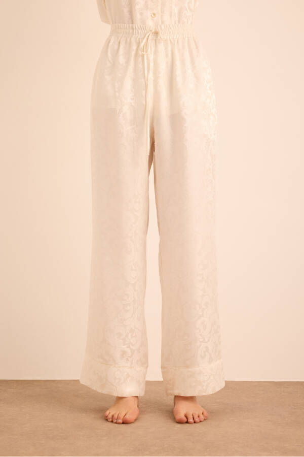 Beyaz Jakarlı İpek Beli Lastikli Pijama Altı - 2