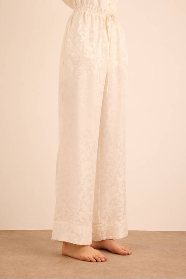 Beyaz Jakarlı İpek Beli Lastikli Pijama Altı - 3