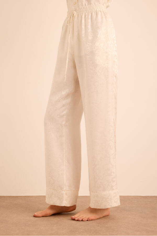 Beyaz Jakarlı İpek Beli Lastikli Pijama Altı - 5