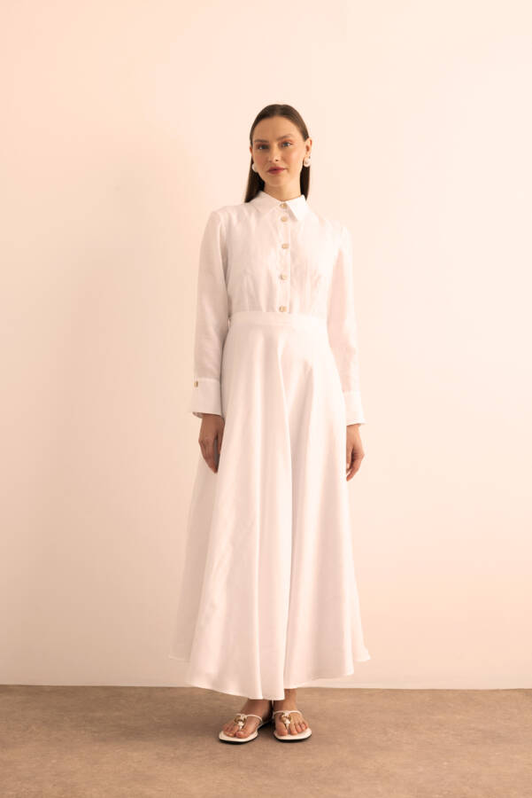 Beyaz Keten Elbise - Aker