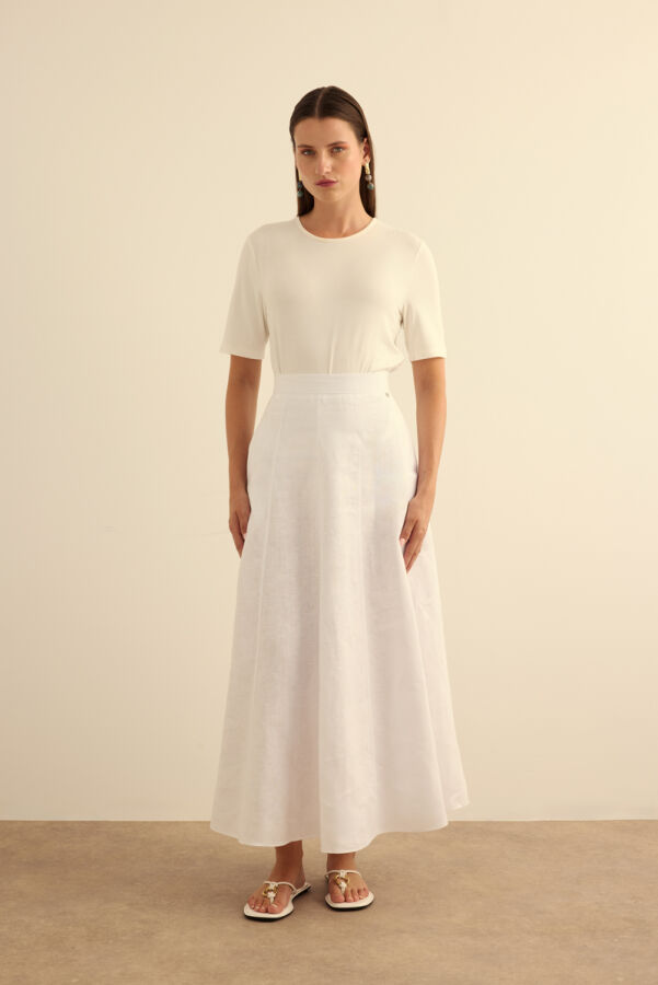 Beyaz Kloş Yırtmaçllı Keten Etek - Aker