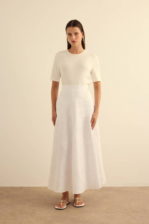 Beyaz Kloş Yırtmaçllı Keten Etek - Aker