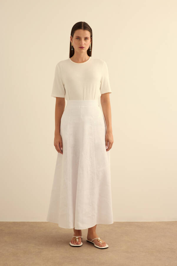 Beyaz Kloş Yırtmaçllı Keten Etek - Aker (1)