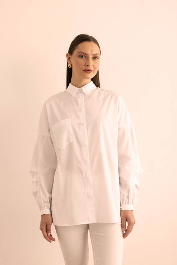 Beyaz Kolları Pile Detaylı Cotton Bluz - 3