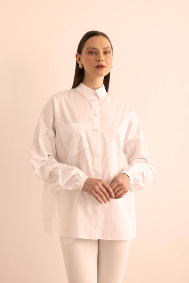 Beyaz Kolları Pile Detaylı Cotton Bluz - Aker (1)