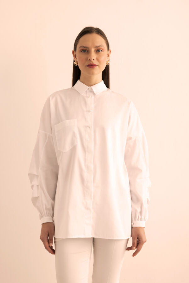 Beyaz Kolları Pile Detaylı Cotton Bluz - Aker