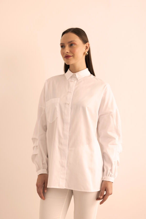 Beyaz Kolları Pile Detaylı Cotton Bluz - 4