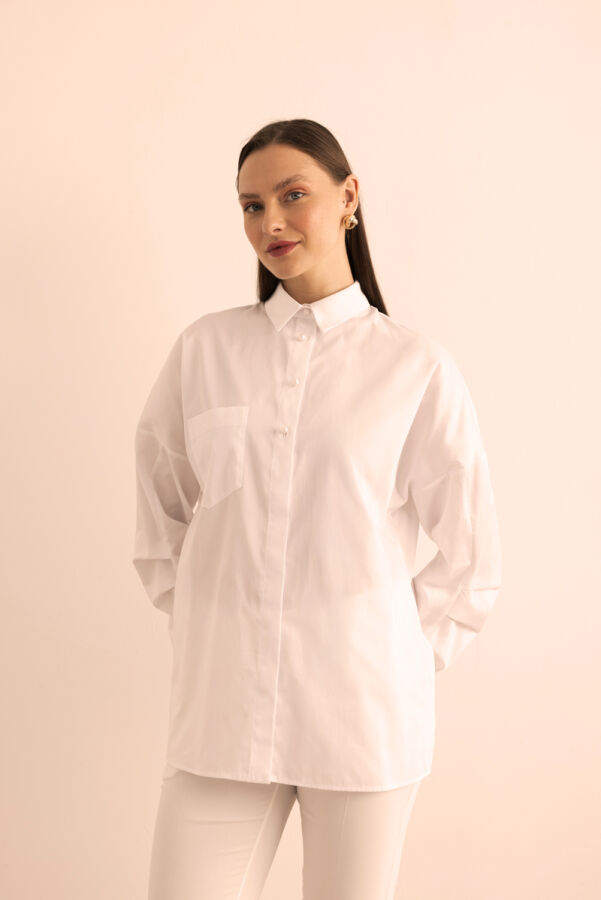 Beyaz Kolları Pile Detaylı Cotton Bluz - 5