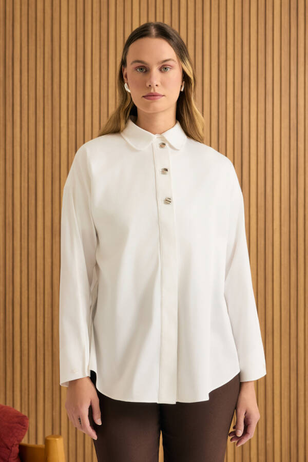 Beyaz Kolu Çıtçıt Detaylı Cotton Gömlek - 5