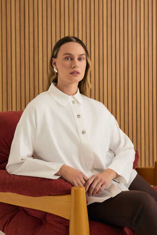 Beyaz Kolu Çıtçıt Detaylı Cotton Gömlek - 1