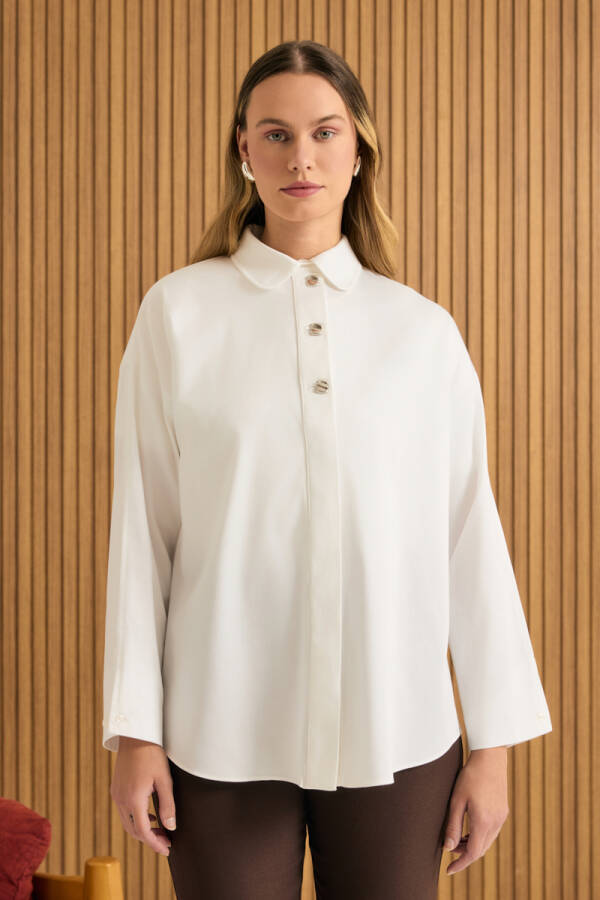 Beyaz Kolu Çıtçıt Detaylı Cotton Gömlek - 2