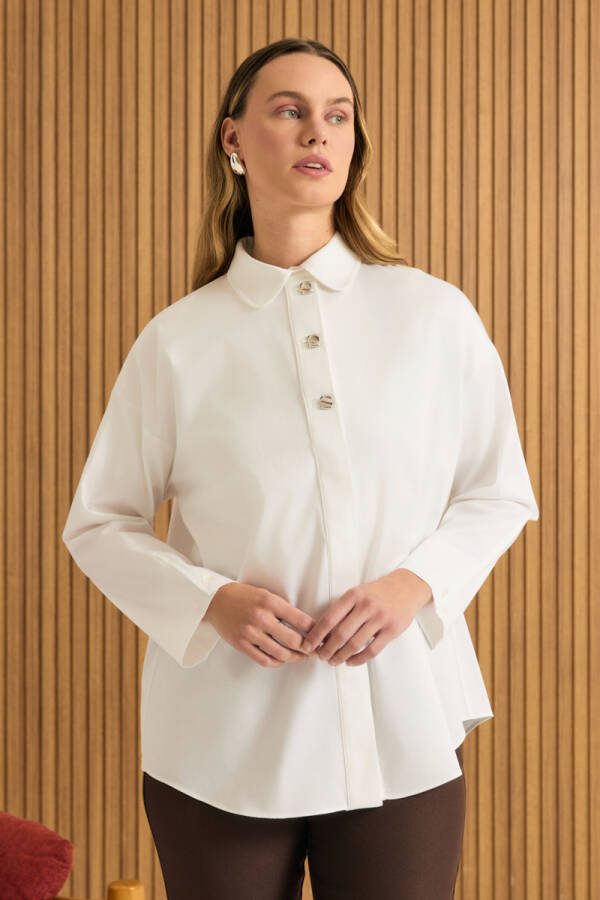 Beyaz Kolu Çıtçıt Detaylı Cotton Gömlek - 3