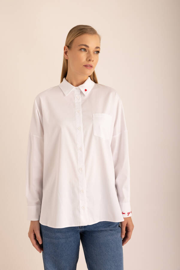 Beyaz Nakışlı Cotton Gömlek - Aker (1)