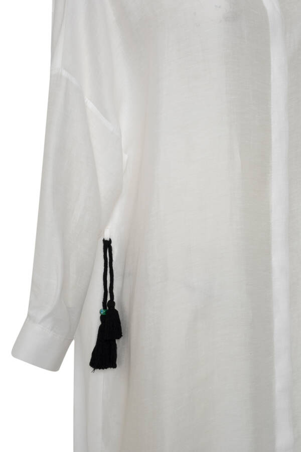 Beyaz Püsküllü Rahat Kesim Keten Tunik - 3