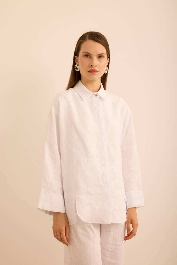 Beyaz Rahat Form Keten Bluz - Aker (1)