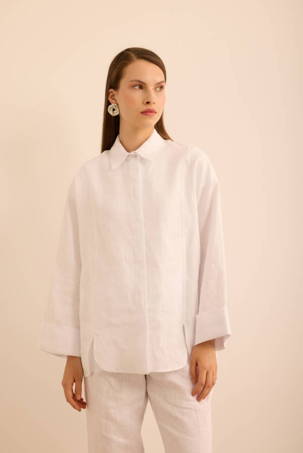 Beyaz Rahat Form Keten Bluz - 3