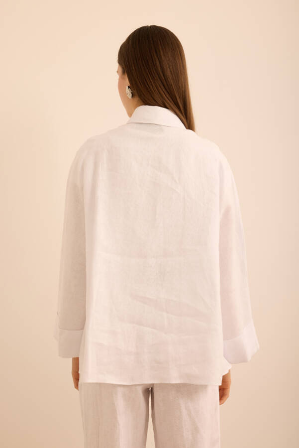 Beyaz Rahat Form Keten Bluz - 6